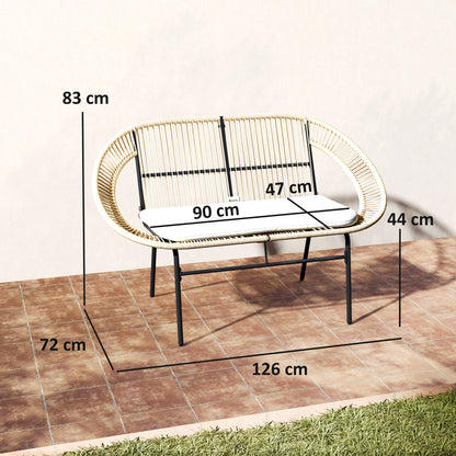 2-Seater Acapulco Style Outdoor Garden Bench, Steel Patio Bench with Backrest and Cushion, Outdoor Bench for Balcony Terrace Patio, 126 x 72 x 83 cm, Khaki