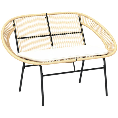2-Seater Acapulco Style Outdoor Garden Bench, Steel Patio Bench with Backrest and Cushion, Outdoor Bench for Balcony Terrace Patio, 126 x 72 x 83 cm, Khaki