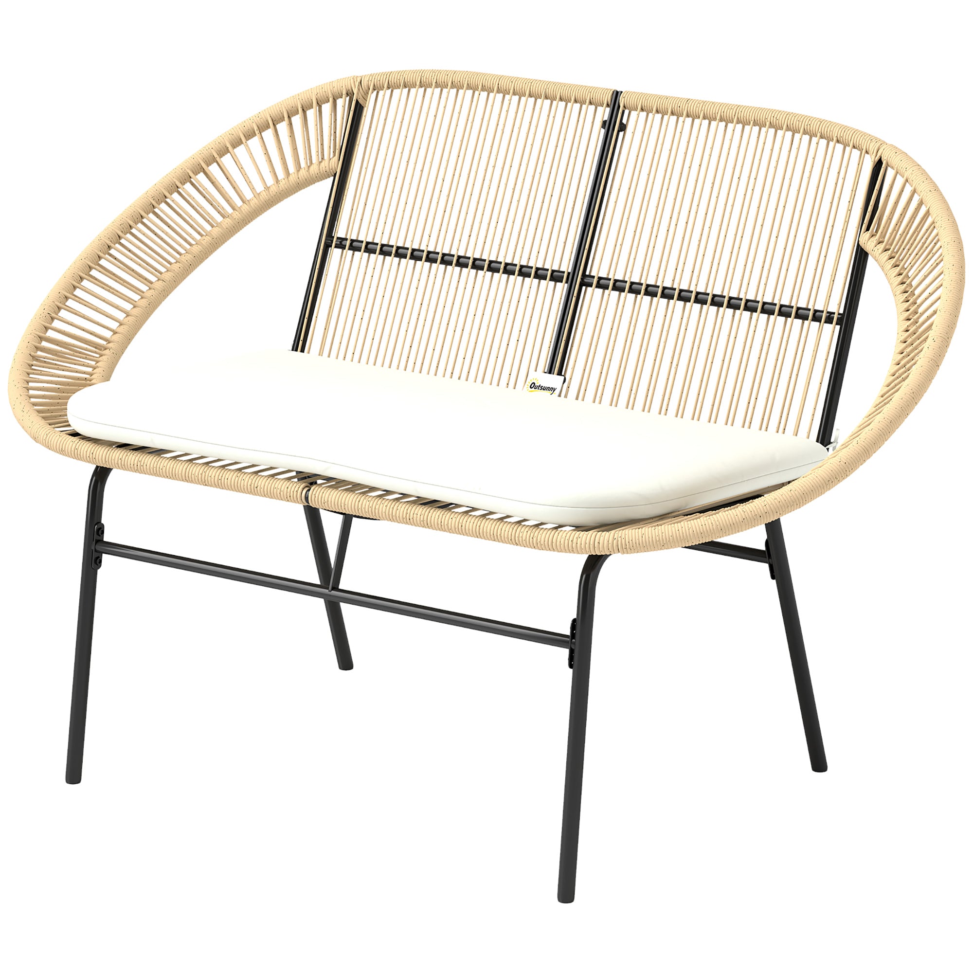 2-Seater Acapulco Style Outdoor Garden Bench, Steel Patio Bench with Backrest and Cushion, Outdoor Bench for Balcony Terrace Patio, 126 x 72 x 83 cm, Khaki