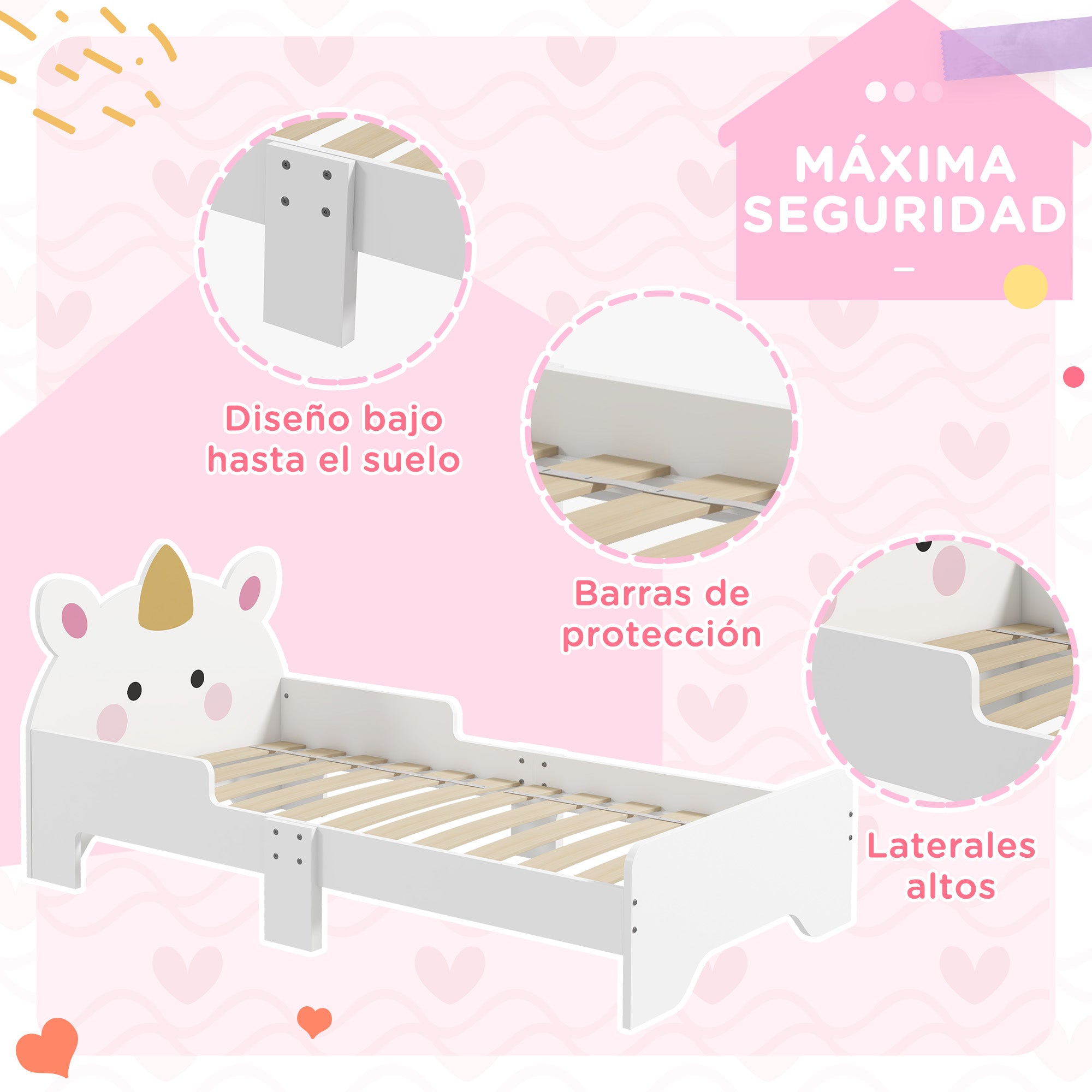 ZONEKIZ Children's Bed for 3-6 Year Olds 143x74x67 cm Wooden Unicorn Shaped Children's Furniture Modern Bedroom Furniture Load 80 kg White