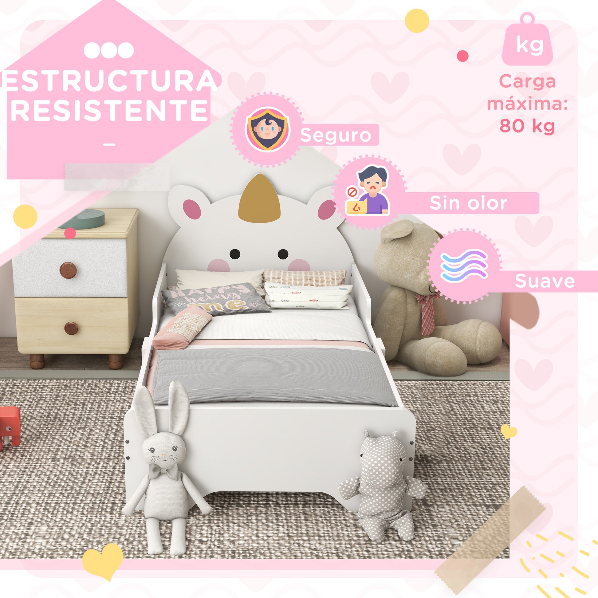 ZONEKIZ Children's Bed for 3-6 Year Olds 143x74x67 cm Wooden Unicorn Shaped Children's Furniture Modern Bedroom Furniture Load 80 kg White