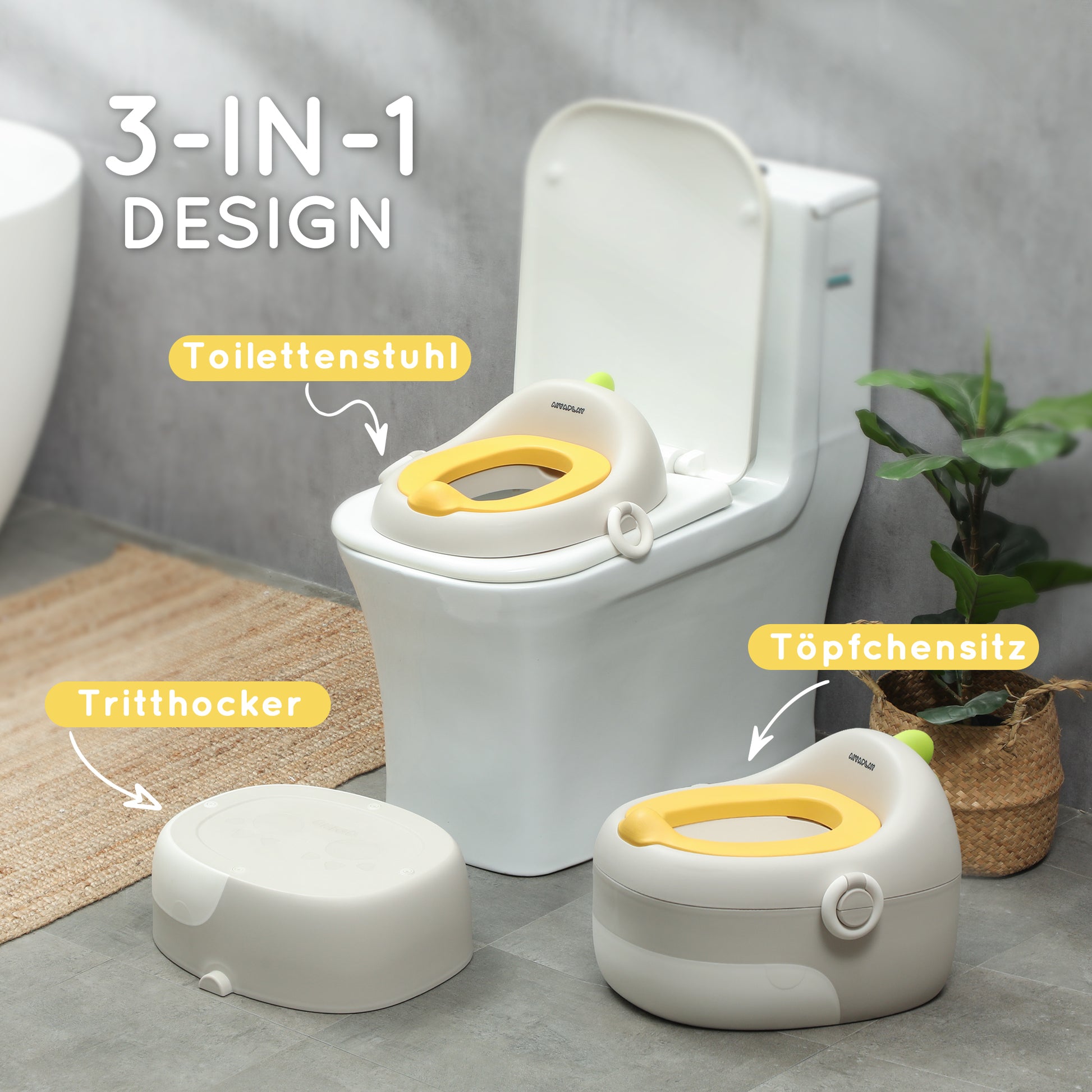 3-in-1 Children's Potty, Removable Potty, Potty with Handles, for Children 6-72 Months, Up to 50 kg Capacity, Plastic, Faux Leather, Gray