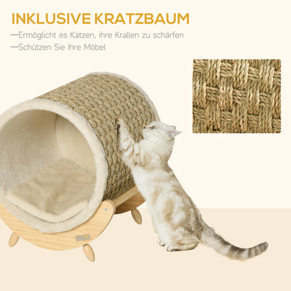 Cat Cave Cat Bed with Shelf Cat House Cat Cottage with Scratching Pad Indoor Pine Wood Flannel Khaki+Natural+Beige 41 x 38 x 43 cm