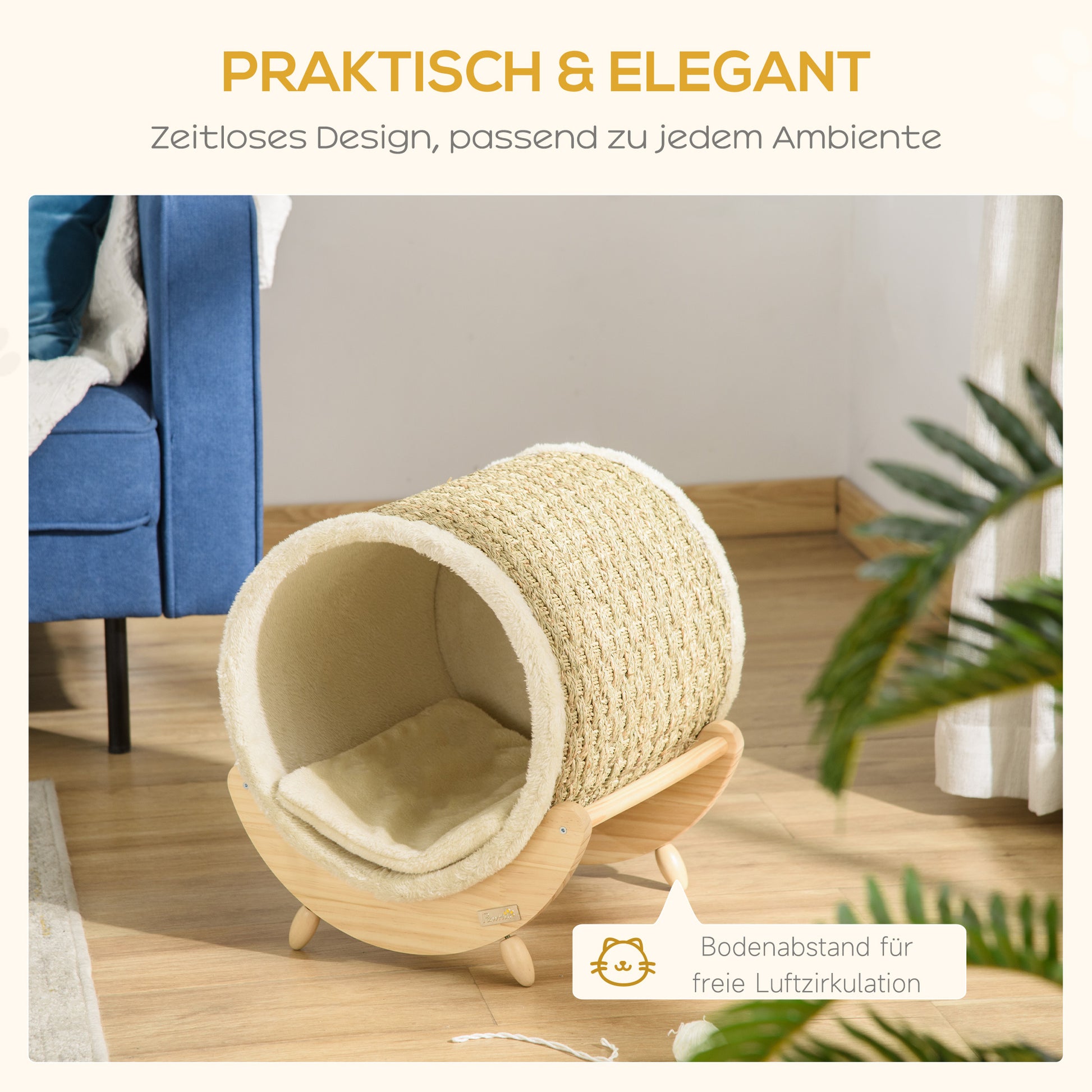 Cat Cave Cat Bed with Shelf Cat House Cat Cottage with Scratching Pad Indoor Pine Wood Flannel Khaki+Natural+Beige 41 x 38 x 43 cm