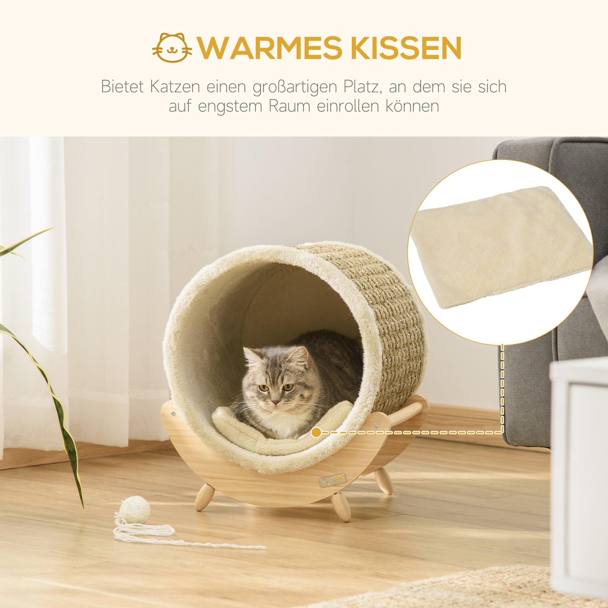 Cat Cave Cat Bed with Shelf Cat House Cat Cottage with Scratching Pad Indoor Pine Wood Flannel Khaki+Natural+Beige 41 x 38 x 43 cm