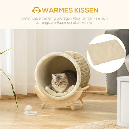 Cat Cave Cat Bed with Shelf Cat House Cat Cottage with Scratching Pad Indoor Pine Wood Flannel Khaki+Natural+Beige 41 x 38 x 43 cm
