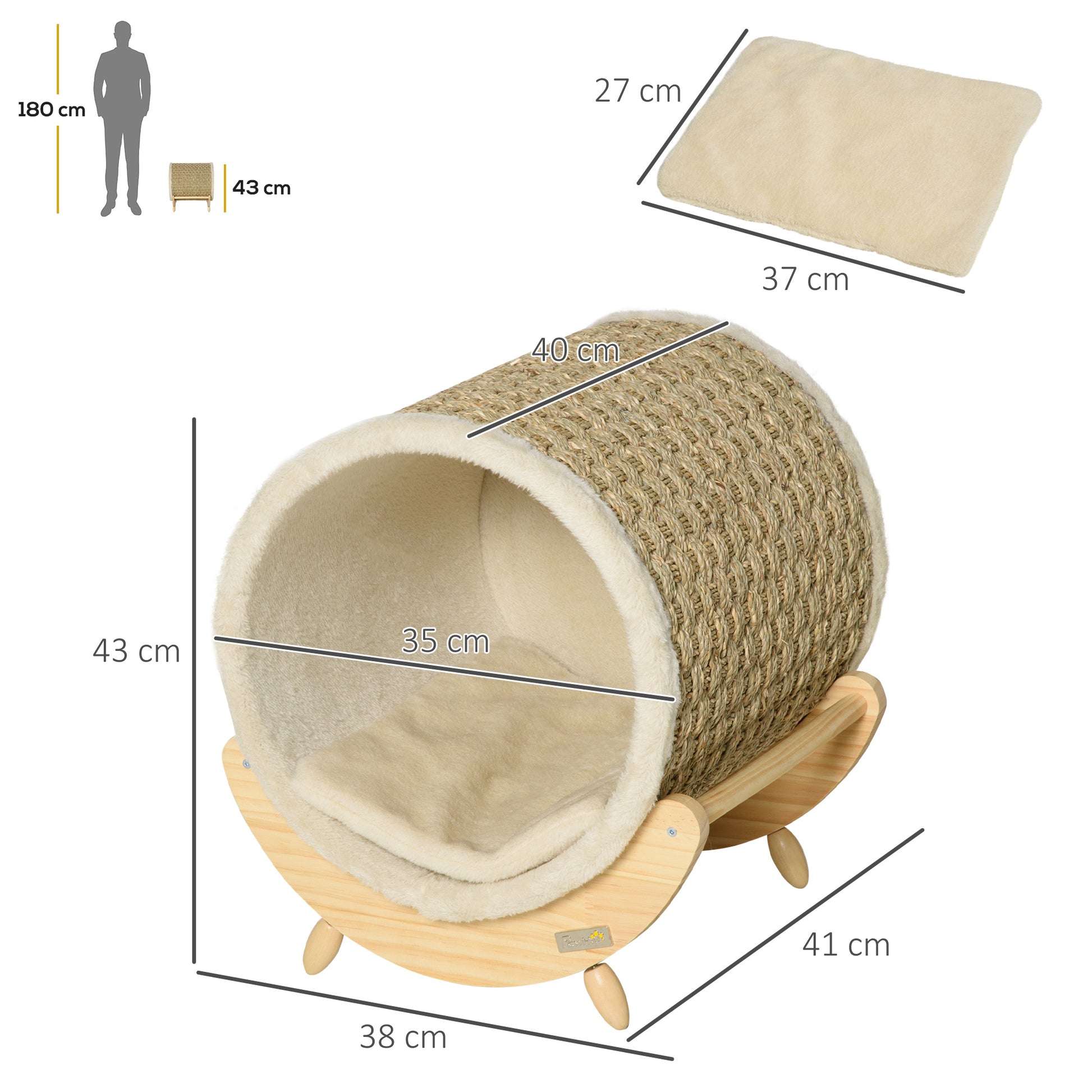 Cat Cave Cat Bed with Shelf Cat House Cat Cottage with Scratching Pad Indoor Pine Wood Flannel Khaki+Natural+Beige 41 x 38 x 43 cm