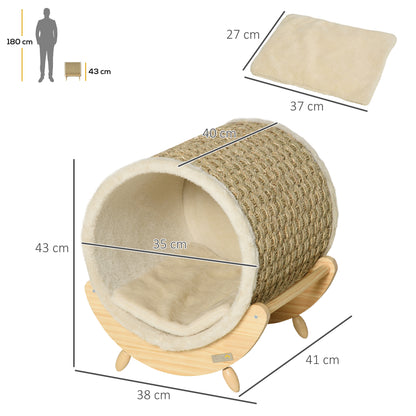 Cat Cave Cat Bed with Shelf Cat House Cat Cottage with Scratching Pad Indoor Pine Wood Flannel Khaki+Natural+Beige 41 x 38 x 43 cm