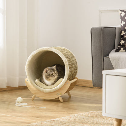 Cat Cave Cat Bed with Shelf Cat House Cat Cottage with Scratching Pad Indoor Pine Wood Flannel Khaki+Natural+Beige 41 x 38 x 43 cm