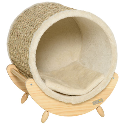 Cat Cave Cat Bed with Shelf Cat House Cat Cottage with Scratching Pad Indoor Pine Wood Flannel Khaki+Natural+Beige 41 x 38 x 43 cm