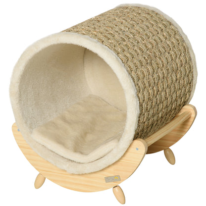 Cat Cave Cat Bed with Shelf Cat House Cat Cottage with Scratching Pad Indoor Pine Wood Flannel Khaki+Natural+Beige 41 x 38 x 43 cm