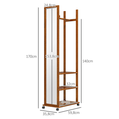 Full-Length Mirror with Stand, 24.8 x 153.8 cm Wardrobe Mirror with Wheels, Wardrobe with 3 Levels, Clothes Rail, for Living Room, Bedroom, Walnut