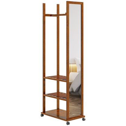 Full-Length Mirror with Stand, 24.8 x 153.8 cm Wardrobe Mirror with Wheels, Wardrobe with 3 Levels, Clothes Rail, for Living Room, Bedroom, Walnut