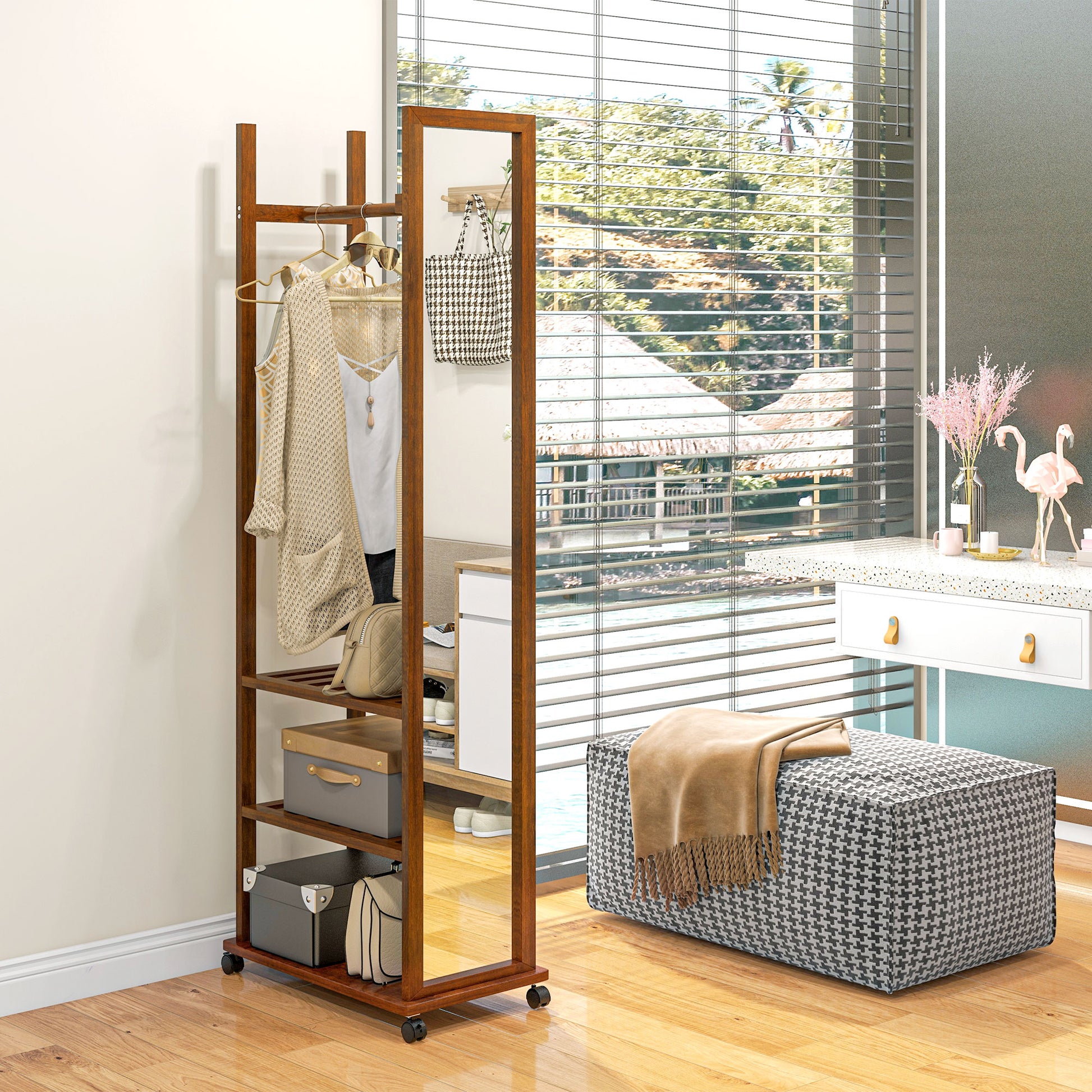 Full-Length Mirror with Stand, 24.8 x 153.8 cm Wardrobe Mirror with Wheels, Wardrobe with 3 Levels, Clothes Rail, for Living Room, Bedroom, Walnut