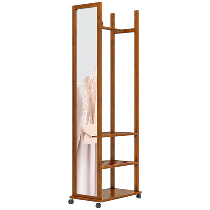 Full-Length Mirror with Stand, 24.8 x 153.8 cm Wardrobe Mirror with Wheels, Wardrobe with 3 Levels, Clothes Rail, for Living Room, Bedroom, Walnut
