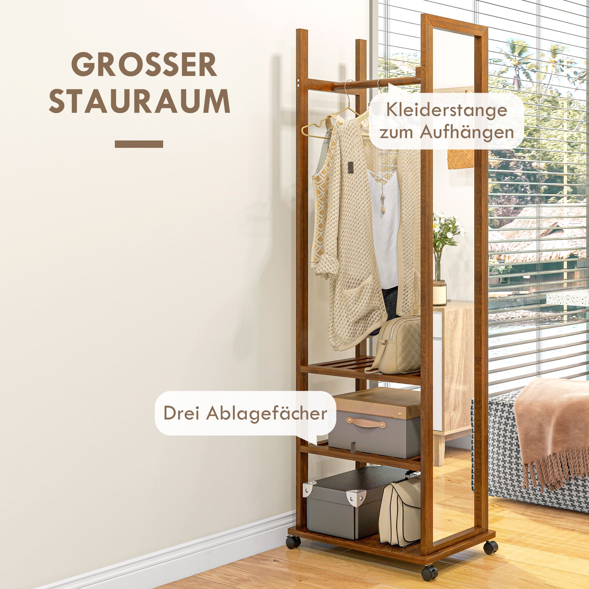 Full-Length Mirror with Stand, 24.8 x 153.8 cm Wardrobe Mirror with Wheels, Wardrobe with 3 Levels, Clothes Rail, for Living Room, Bedroom, Walnut