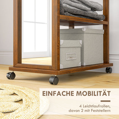 Full-Length Mirror with Stand, 24.8 x 153.8 cm Wardrobe Mirror with Wheels, Wardrobe with 3 Levels, Clothes Rail, for Living Room, Bedroom, Walnut