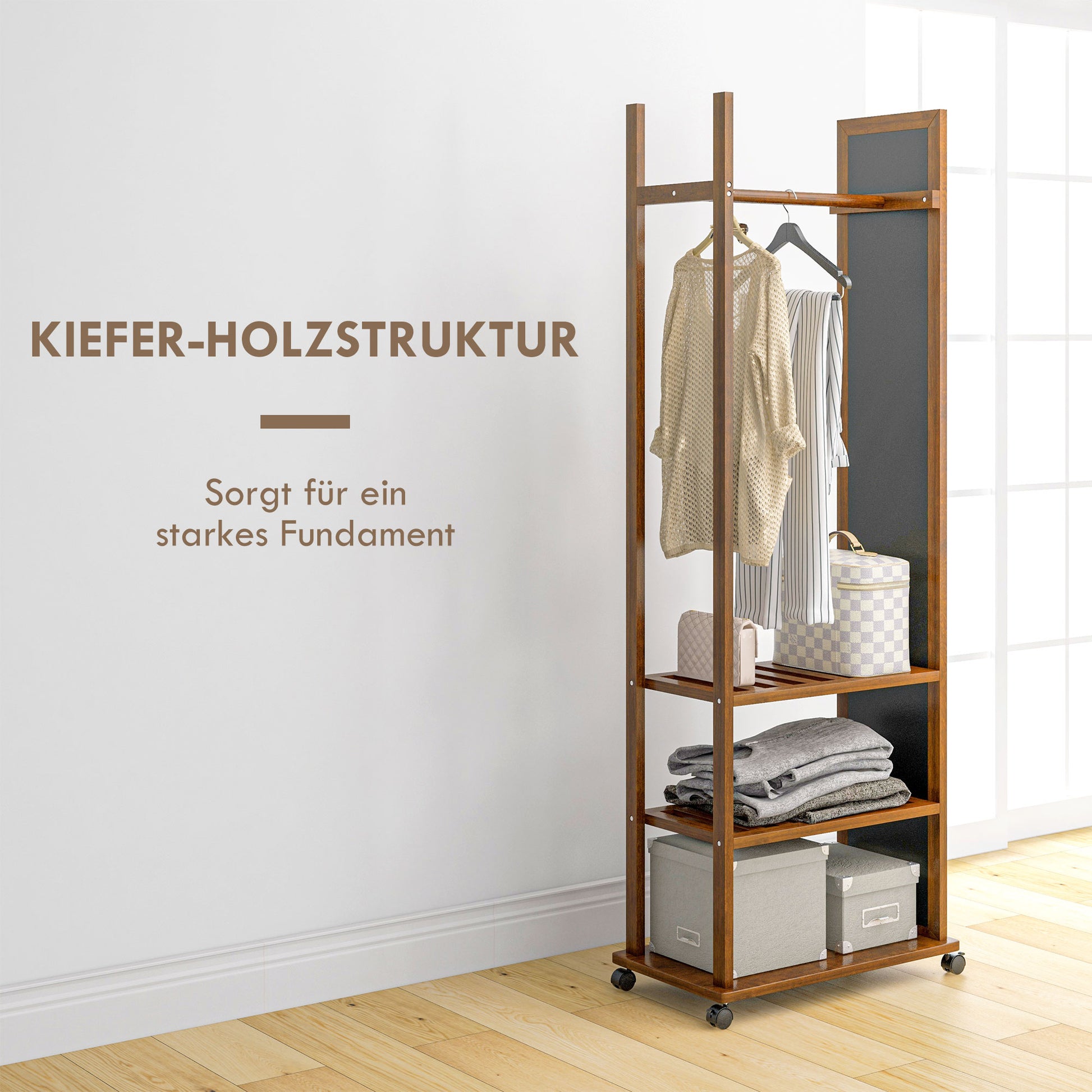 Full-Length Mirror with Stand, 24.8 x 153.8 cm Wardrobe Mirror with Wheels, Wardrobe with 3 Levels, Clothes Rail, for Living Room, Bedroom, Walnut