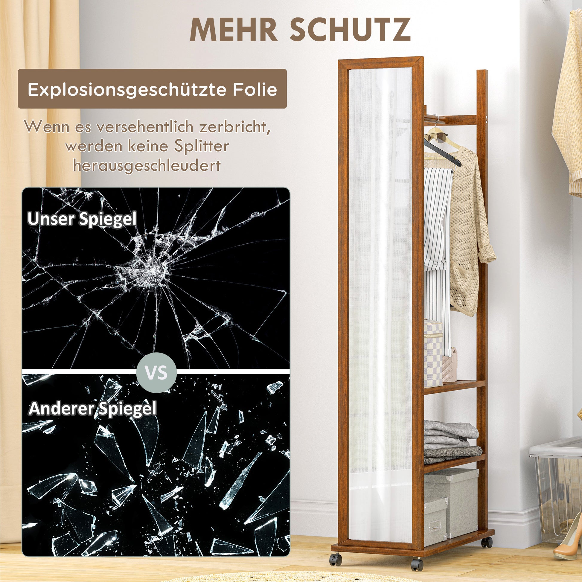 Full-Length Mirror with Stand, 24.8 x 153.8 cm Wardrobe Mirror with Wheels, Wardrobe with 3 Levels, Clothes Rail, for Living Room, Bedroom, Walnut