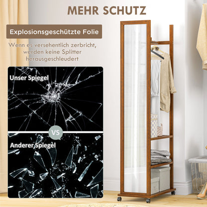 Full-Length Mirror with Stand, 24.8 x 153.8 cm Wardrobe Mirror with Wheels, Wardrobe with 3 Levels, Clothes Rail, for Living Room, Bedroom, Walnut