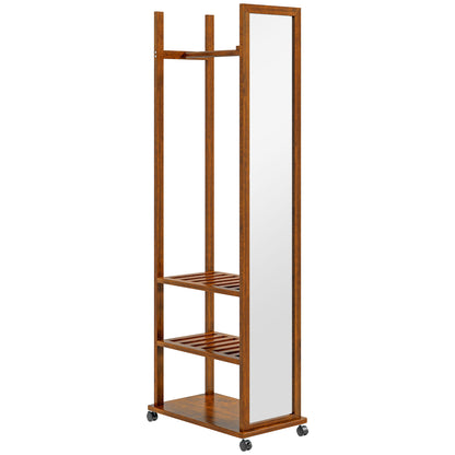 Full-Length Mirror with Stand, 24.8 x 153.8 cm Wardrobe Mirror with Wheels, Wardrobe with 3 Levels, Clothes Rail, for Living Room, Bedroom, Walnut