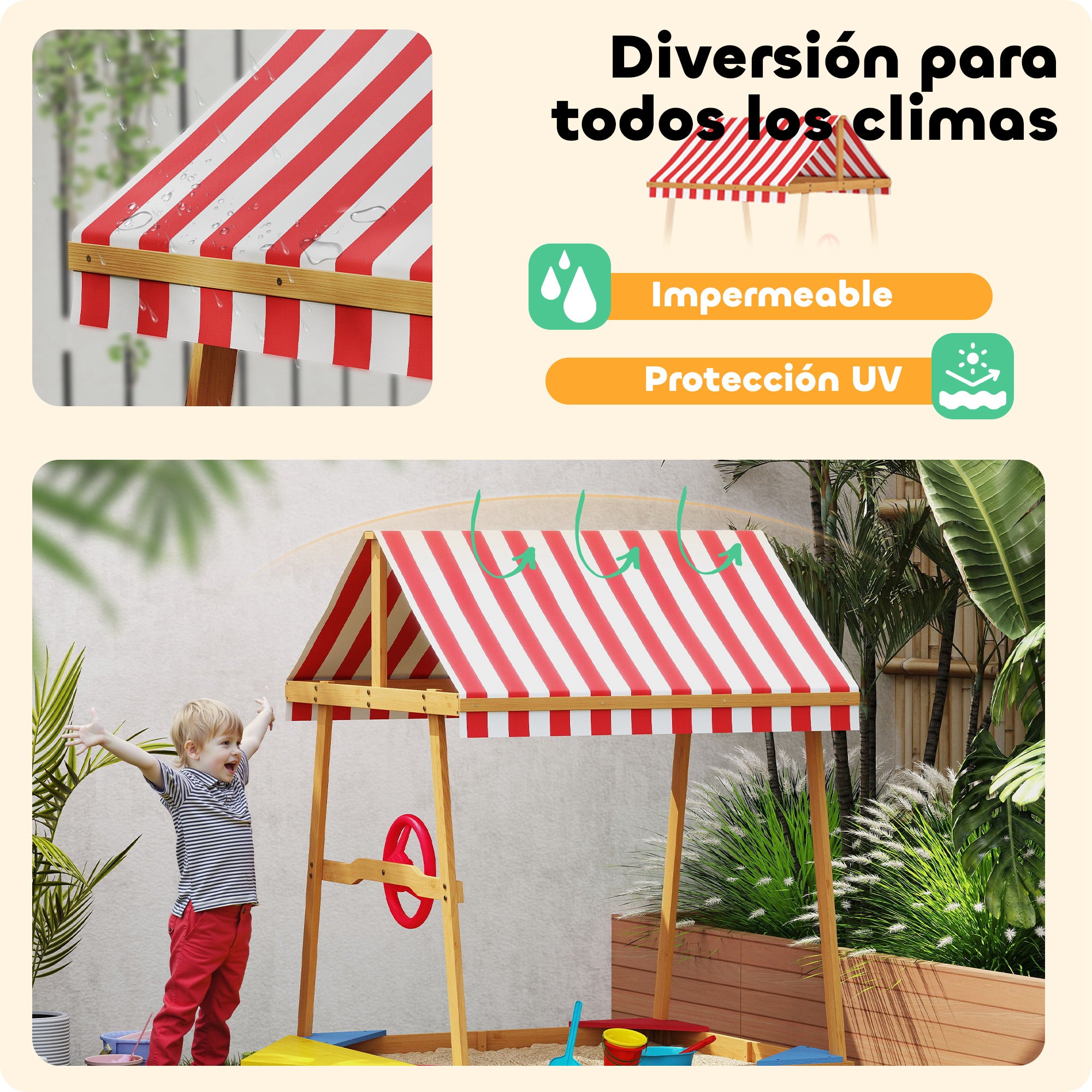 Children's Sandbox +3 Years Children's Sandbox Shaped like a Boat with Canopy and Seats Outdoor Sandbox 133x101x141 cm Natural Wood