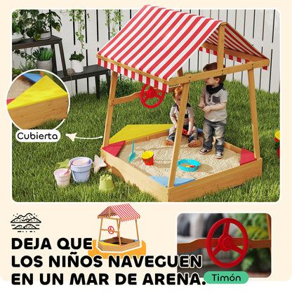 Children's Sandbox +3 Years Children's Sandbox Shaped like a Boat with Canopy and Seats Outdoor Sandbox 133x101x141 cm Natural Wood