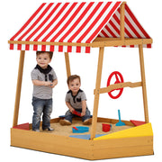 Children's Sandbox +3 Years Children's Sandbox Shaped like a Boat with Canopy and Seats Outdoor Sandbox 133x101x141 cm Natural Wood