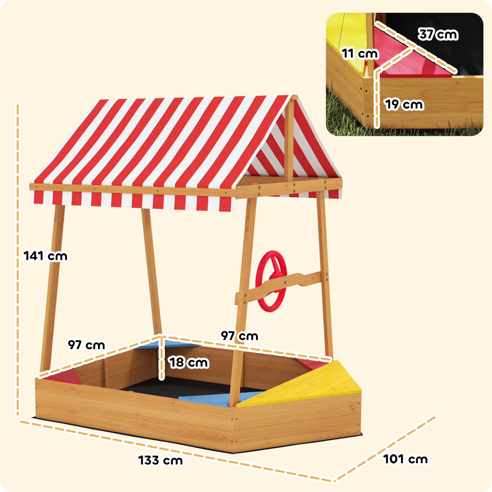 Children's Sandbox +3 Years Children's Sandbox Shaped like a Boat with Canopy and Seats Outdoor Sandbox 133x101x141 cm Natural Wood