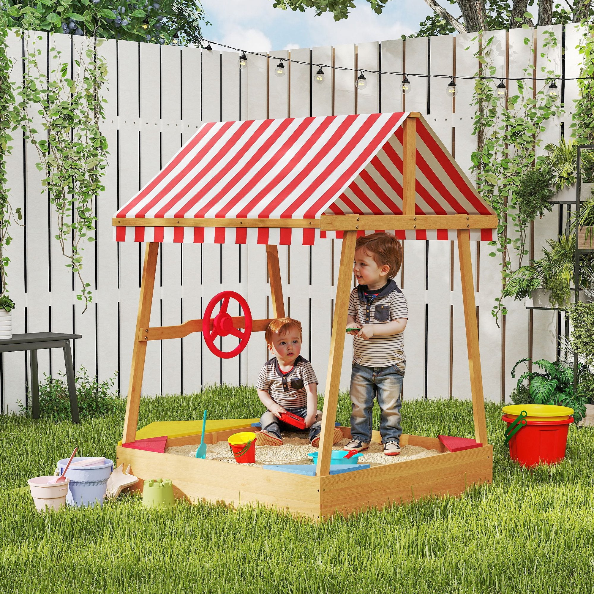 Children's Sandbox +3 Years Children's Sandbox Shaped like a Boat with Canopy and Seats Outdoor Sandbox 133x101x141 cm Natural Wood