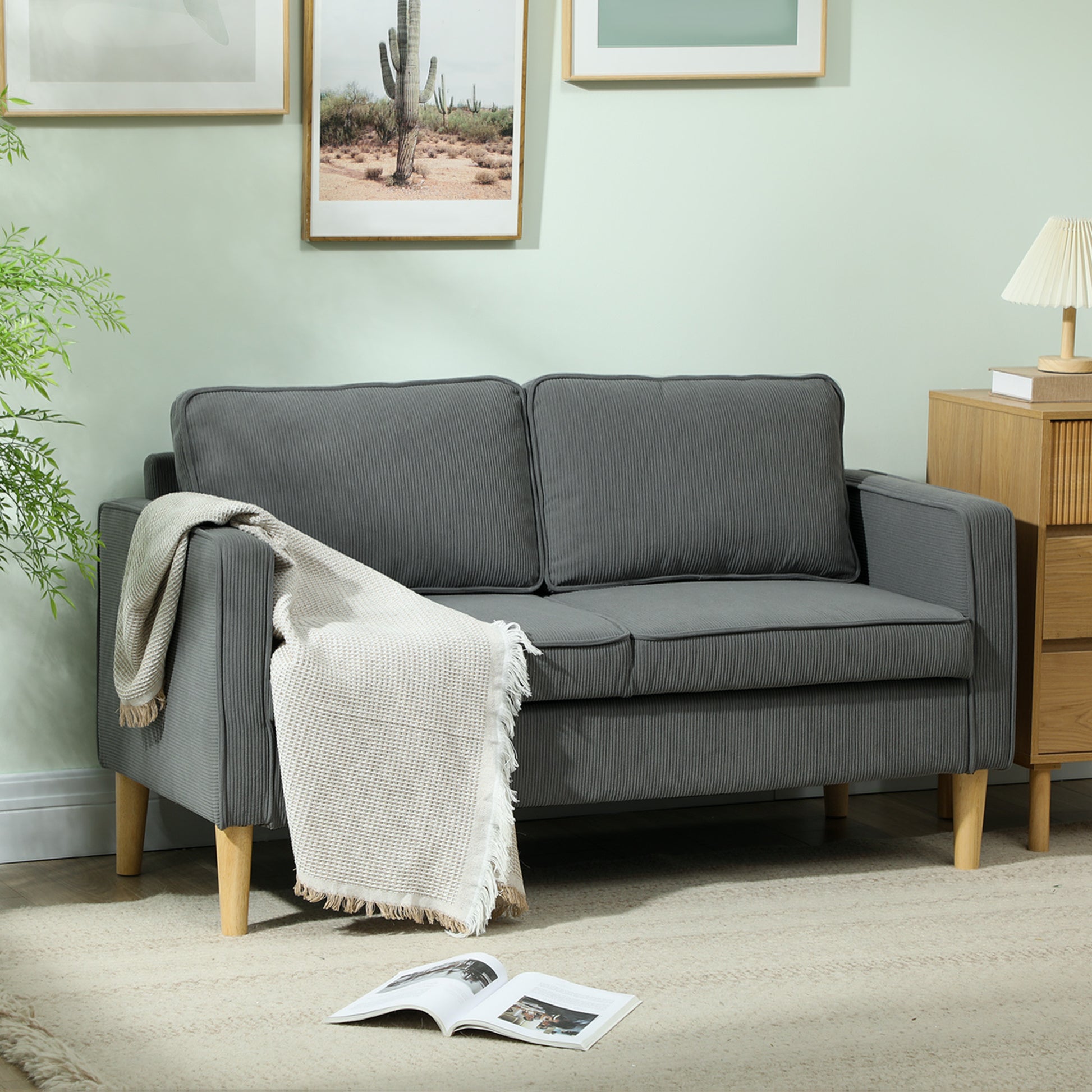 Modern 2-Seater Fabric Sofa with Armrests and 2 Removable Cushions, 2-Seater Sofa with Storage Space and Wooden Legs for Living Room, Lounge, Home, and Office, 140x63x79 cm, Gray