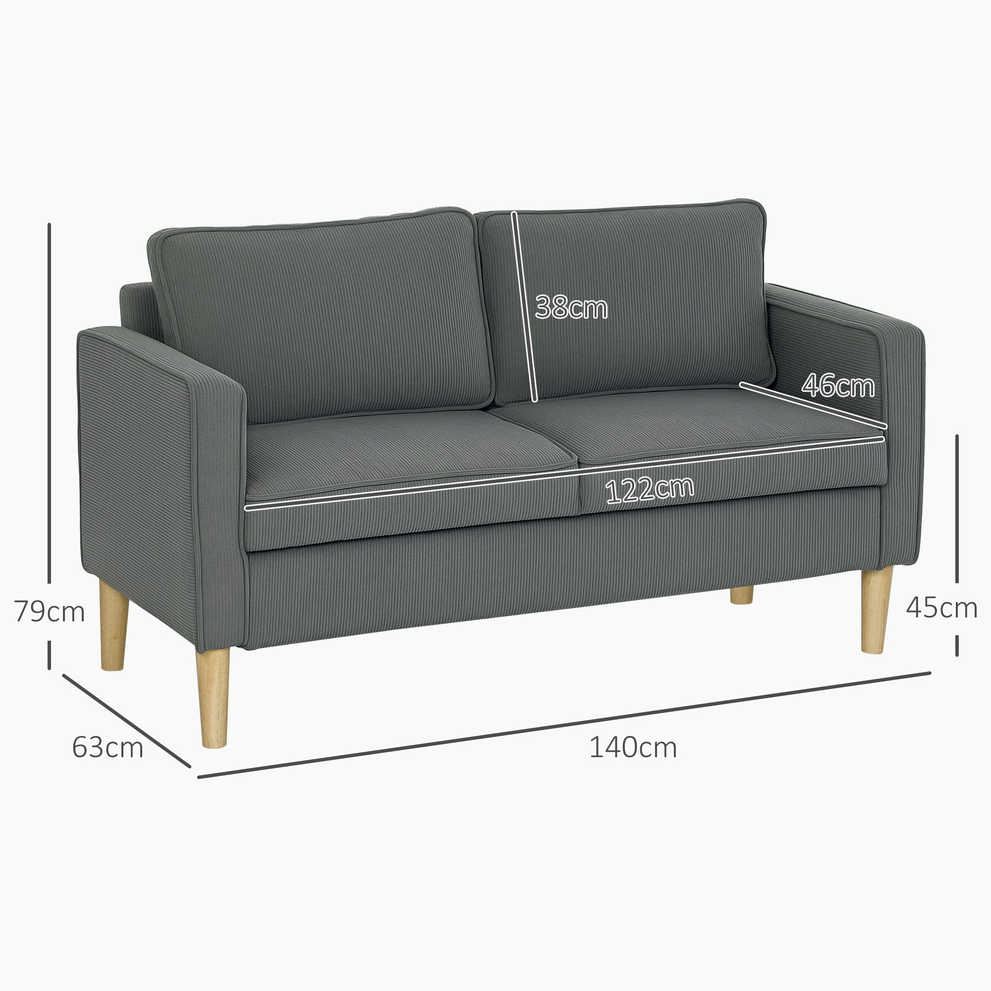 Modern 2-Seater Fabric Sofa with Armrests and 2 Removable Cushions, 2-Seater Sofa with Storage Space and Wooden Legs for Living Room, Lounge, Home, and Office, 140x63x79 cm, Gray