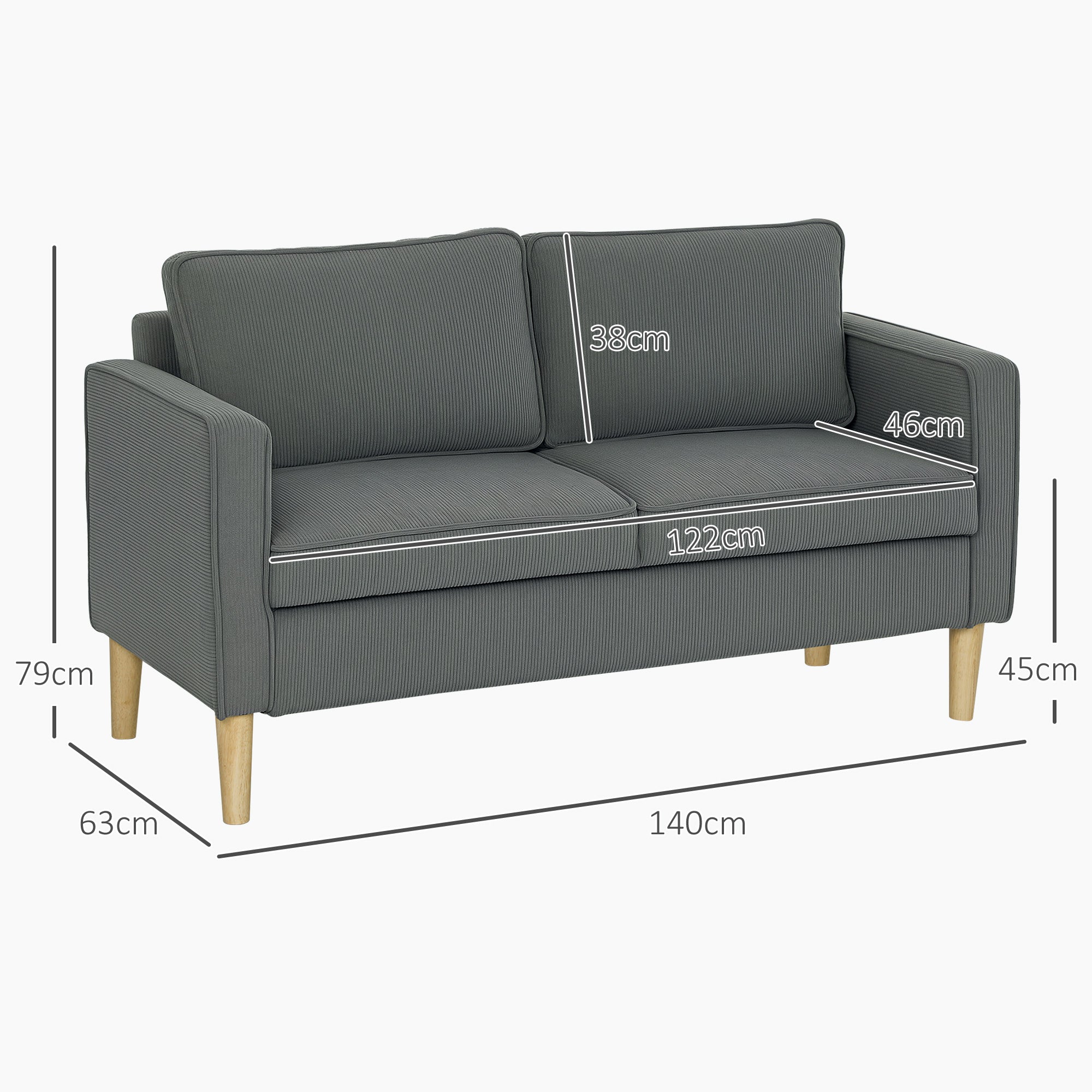 Modern 2-Seater Fabric Sofa with Armrests and 2 Removable Cushions, 2-Seater Sofa with Storage Space and Wooden Legs for Living Room, Lounge, Home, and Office, 140x63x79 cm, Gray