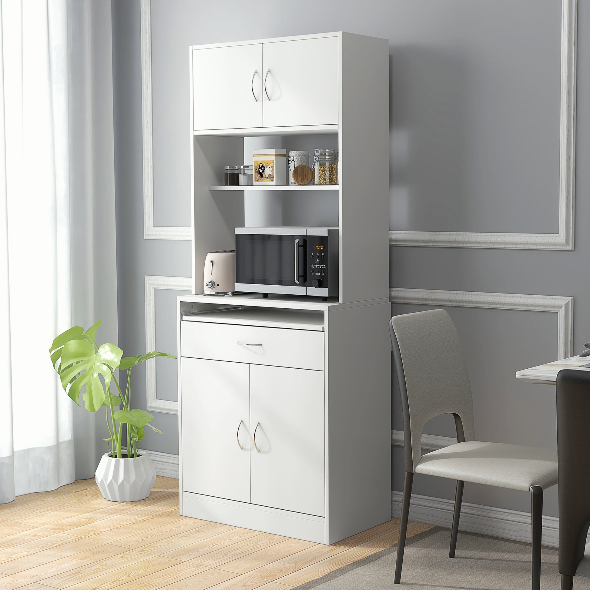 Kitchen Pantry Sideboard Buffet Cabinet with 4 Doors Sliding Tray Adjustable Shelf Drawer Open Microwave Worktop 70x40x180 cm White