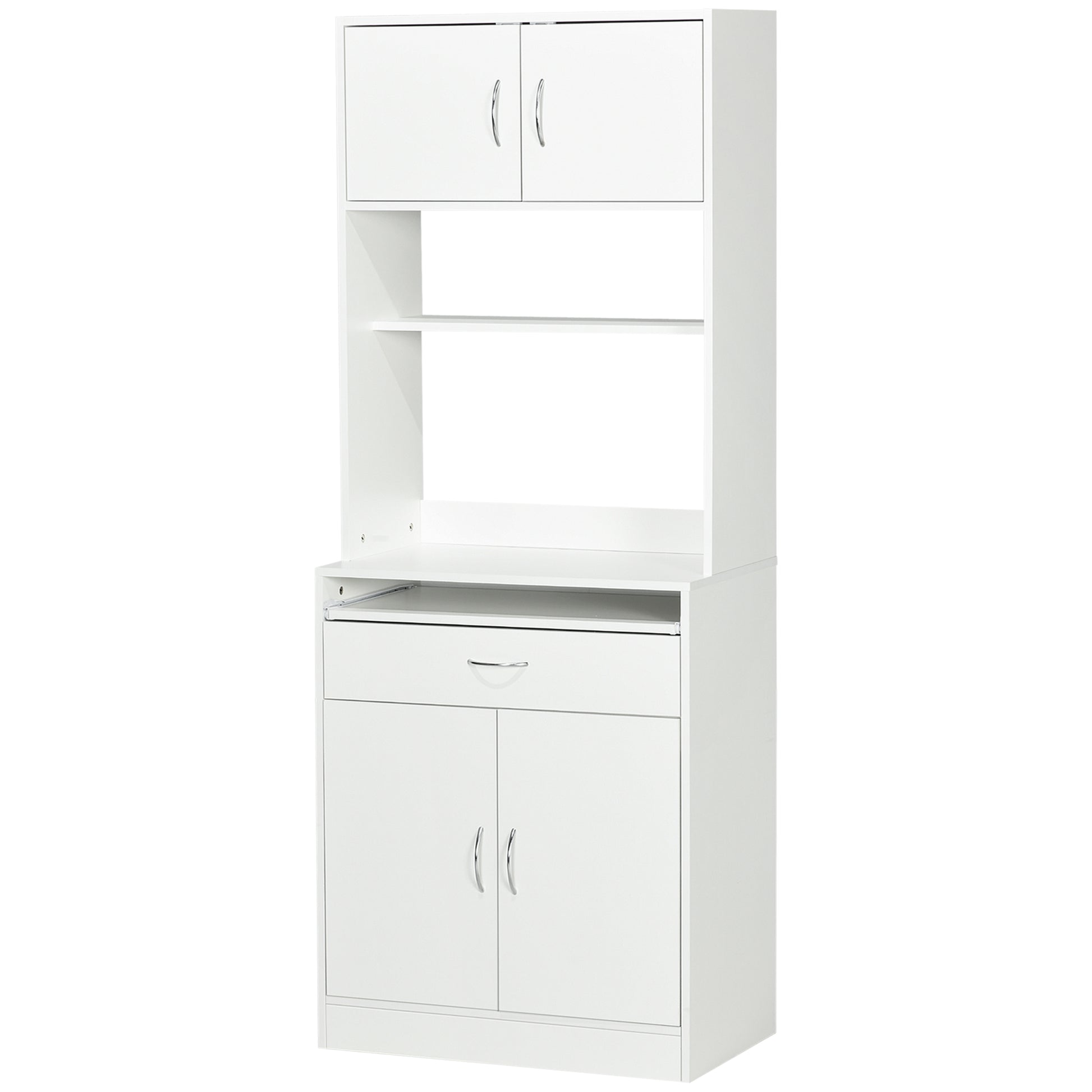 Kitchen Pantry Sideboard Buffet Cabinet with 4 Doors Sliding Tray Adjustable Shelf Drawer Open Microwave Worktop 70x40x180 cm White