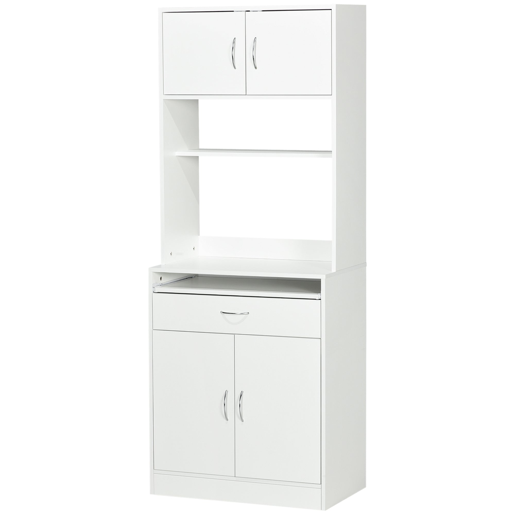Kitchen Pantry Sideboard Buffet Cabinet with 4 Doors Sliding Tray Adjustable Shelf Drawer Open Microwave Worktop 70x40x180 cm White