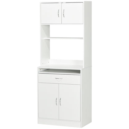 Kitchen Pantry Sideboard Buffet Cabinet with 4 Doors Sliding Tray Adjustable Shelf Drawer Open Microwave Worktop 70x40x180 cm White