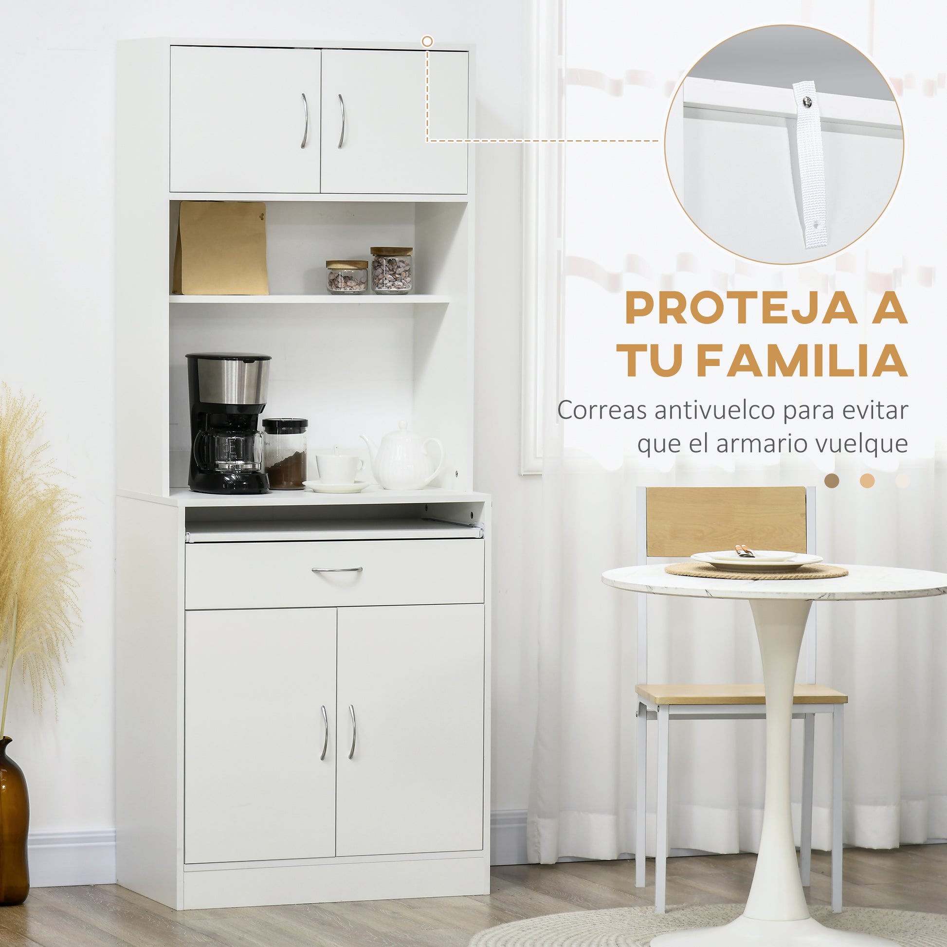 Kitchen Pantry Sideboard Buffet Cabinet with 4 Doors Sliding Tray Adjustable Shelf Drawer Open Microwave Worktop 70x40x180 cm White