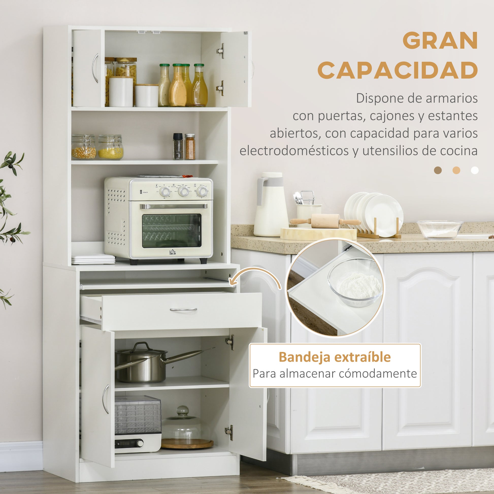 Kitchen Pantry Sideboard Buffet Cabinet with 4 Doors Sliding Tray Adjustable Shelf Drawer Open Microwave Worktop 70x40x180 cm White