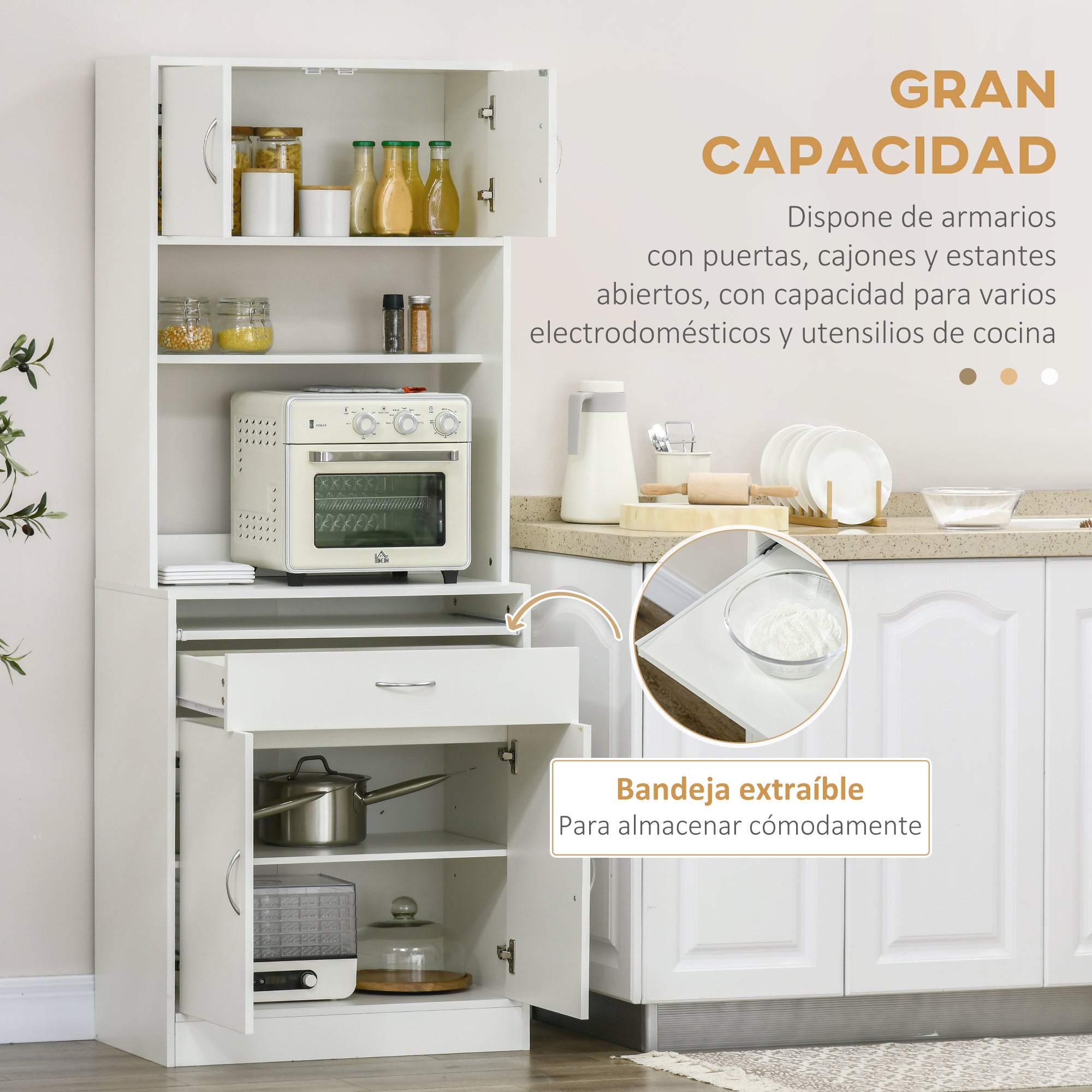 Kitchen Pantry Sideboard Buffet Cabinet with 4 Doors Sliding Tray Adjustable Shelf Drawer Open Microwave Worktop 70x40x180 cm White
