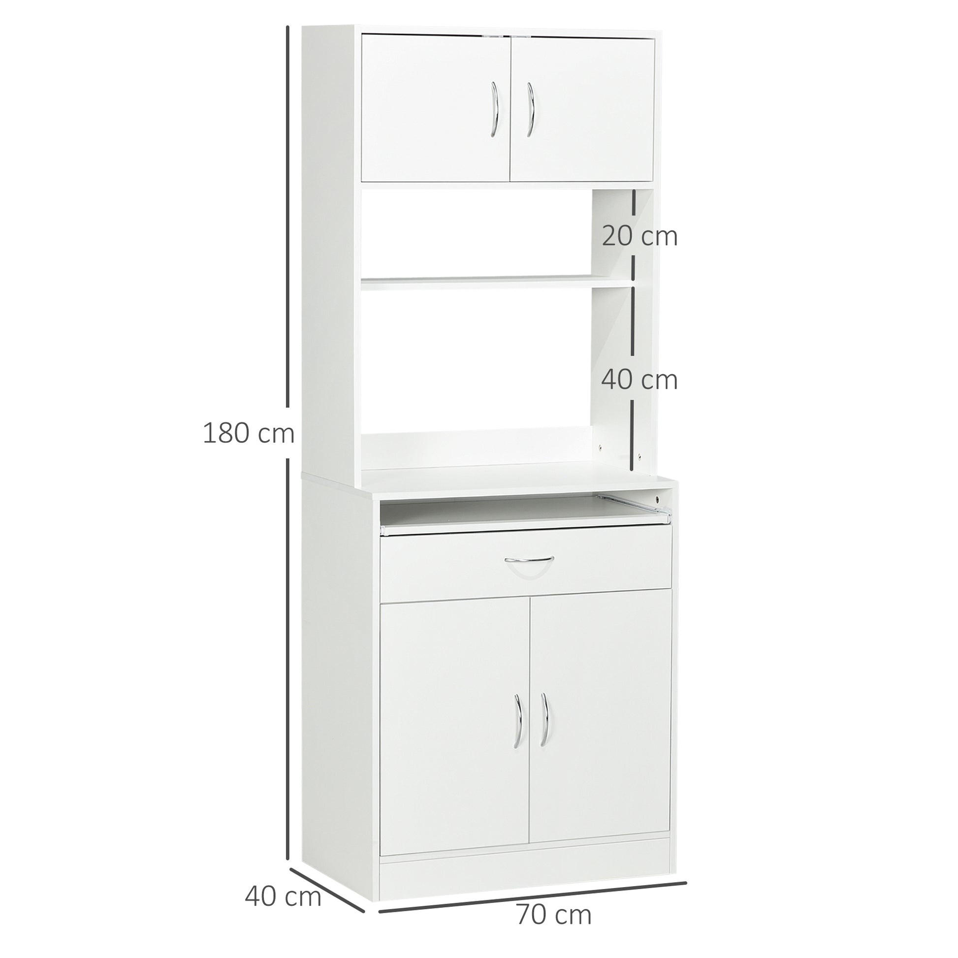 Kitchen Pantry Sideboard Buffet Cabinet with 4 Doors Sliding Tray Adjustable Shelf Drawer Open Microwave Worktop 70x40x180 cm White