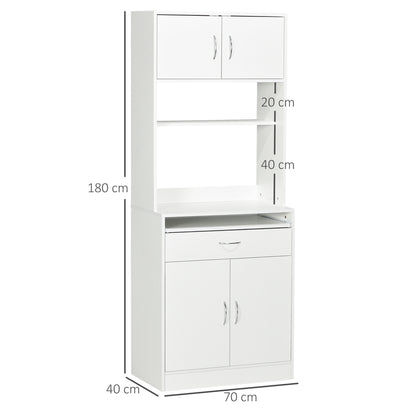 Kitchen Pantry Sideboard Buffet Cabinet with 4 Doors Sliding Tray Adjustable Shelf Drawer Open Microwave Worktop 70x40x180 cm White