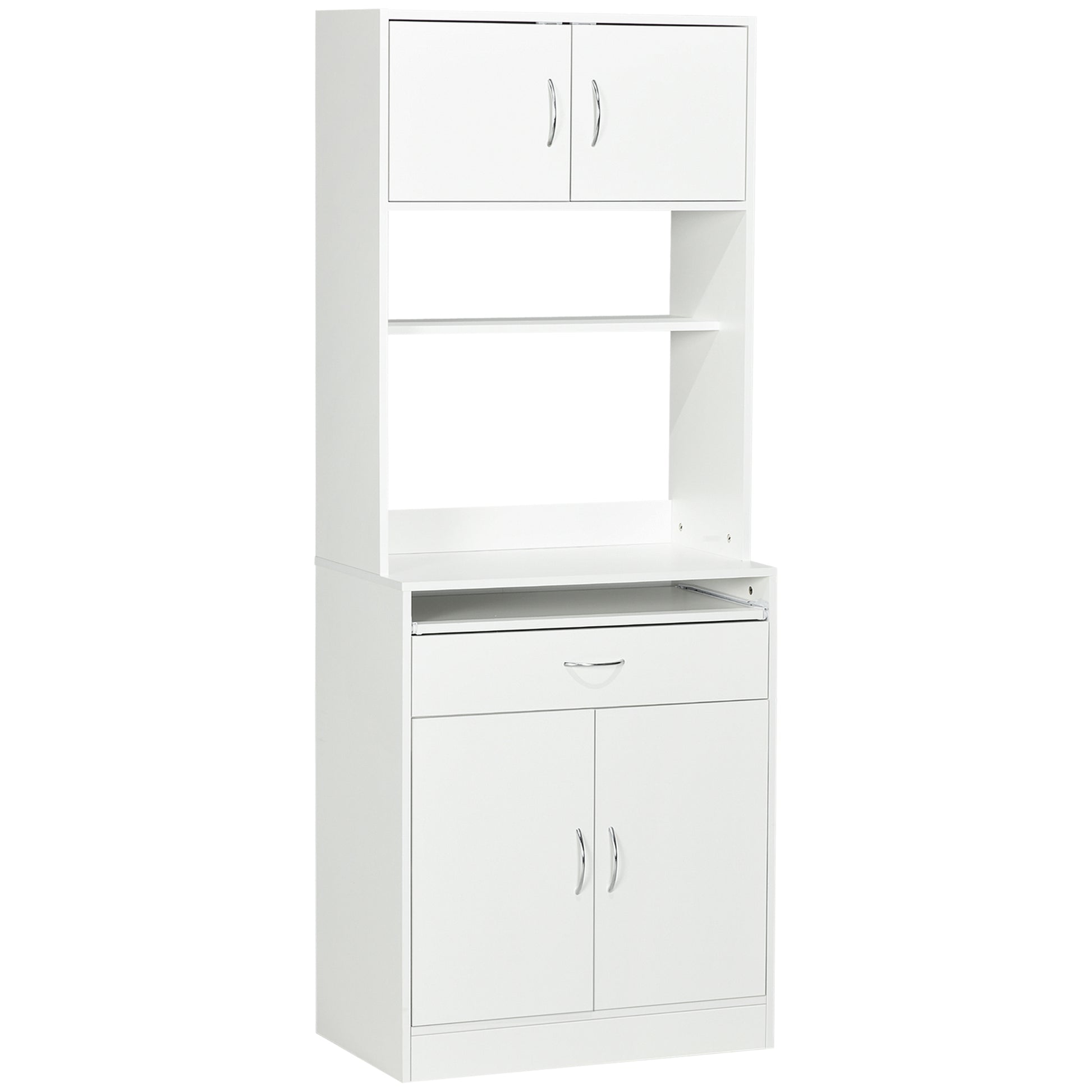 Kitchen Pantry Sideboard Buffet Cabinet with 4 Doors Sliding Tray Adjustable Shelf Drawer Open Microwave Worktop 70x40x180 cm White