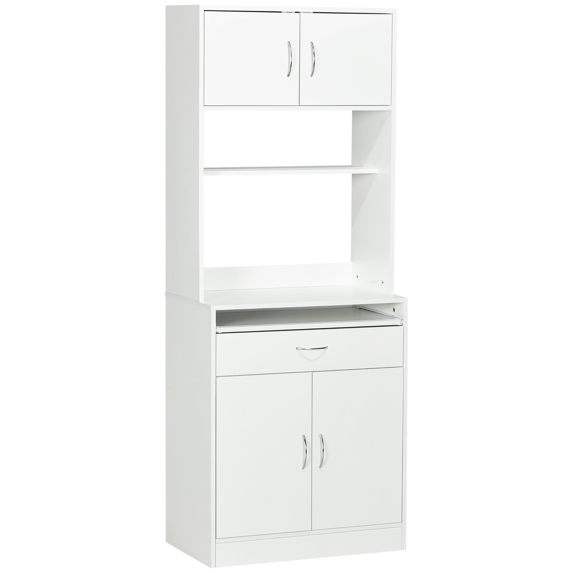Kitchen Pantry Sideboard Buffet Cabinet with 4 Doors Sliding Tray Adjustable Shelf Drawer Open Microwave Worktop 70x40x180 cm White