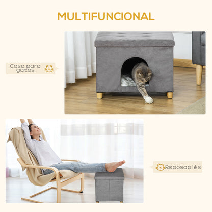2-in-1 Cat Cave Ottoman with Removable Lid Entry Hole Washable Cushion and Elevated Wooden Legs for Indoor Use 60x45x44.5 cm Gray