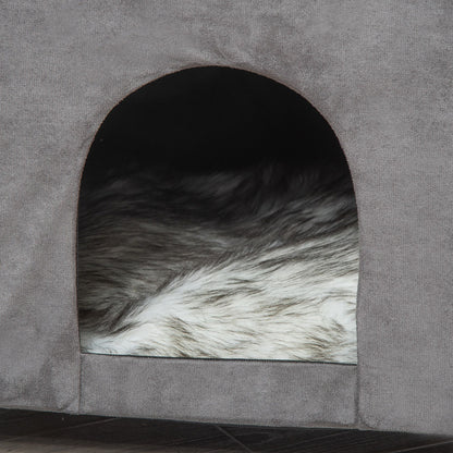 2-in-1 Cat Cave Ottoman with Removable Lid Entry Hole Washable Cushion and Elevated Wooden Legs for Indoor Use 60x45x44.5 cm Gray