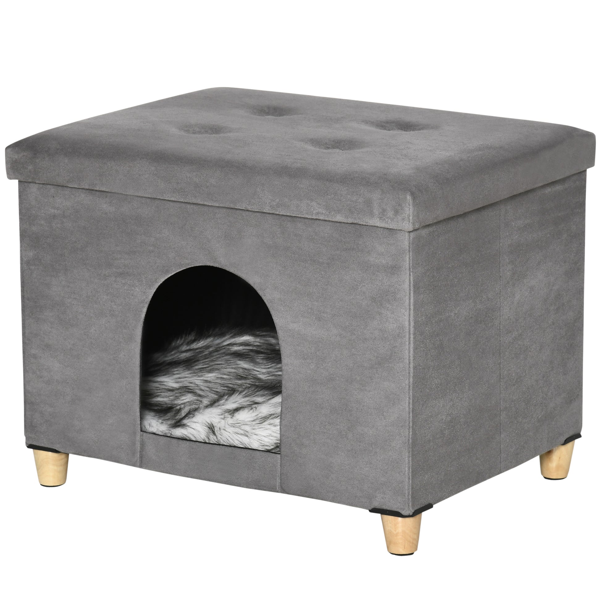 2-in-1 Cat Cave Ottoman with Removable Lid Entry Hole Washable Cushion and Elevated Wooden Legs for Indoor Use 60x45x44.5 cm Gray
