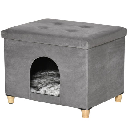 2-in-1 Cat Cave Ottoman with Removable Lid Entry Hole Washable Cushion and Elevated Wooden Legs for Indoor Use 60x45x44.5 cm Gray