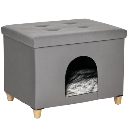 2-in-1 Cat Cave Ottoman with Removable Lid Entry Hole Washable Cushion and Elevated Wooden Legs for Indoor Use 60x45x44.5 cm Gray