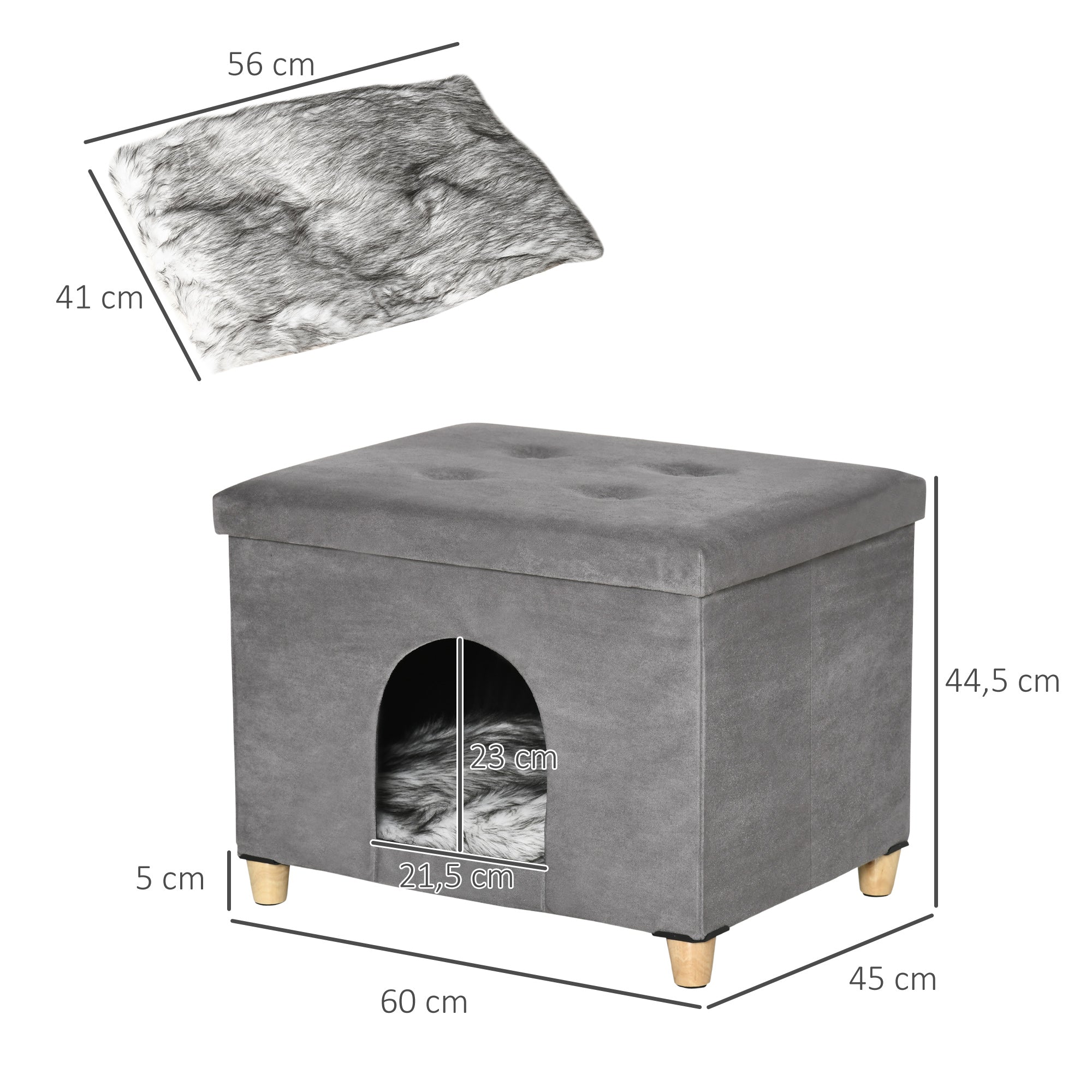 2-in-1 Cat Cave Ottoman with Removable Lid Entry Hole Washable Cushion and Elevated Wooden Legs for Indoor Use 60x45x44.5 cm Gray
